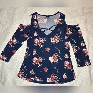 Rue21 Navy Floral Cold Shoulder Blouse